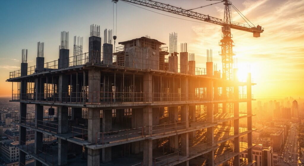 Edifício em construção com grua ao pôr do sol